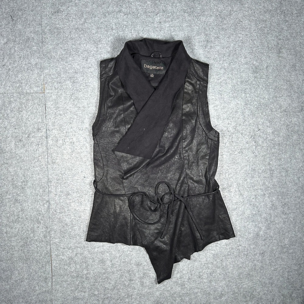 Bagatelle vest women M Black faux leather wrap drape moto biker edgy chic